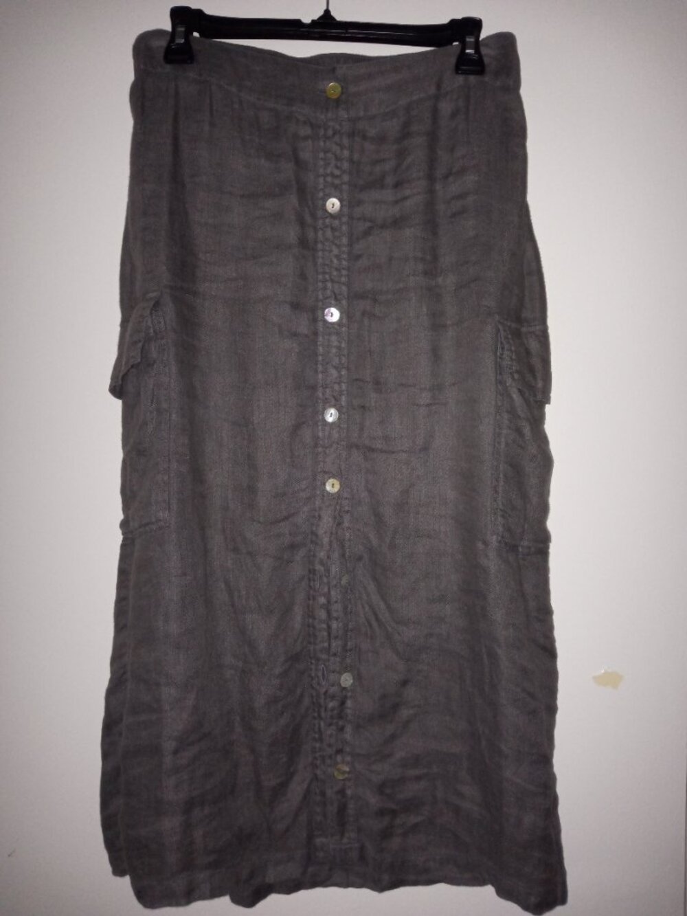 C&C california 100% LINEN midi skirt ~ stretchy elastic waist ~ shell buttons
